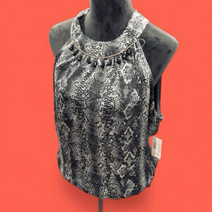 Halo Snake Print Halter Top XL Black Gray Sleeveless Tie Neck Blouse Coquette